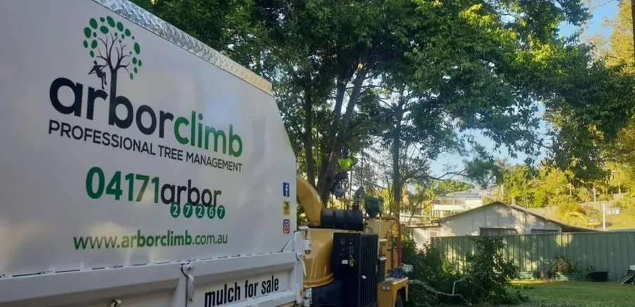Arborclimb branded truck parked at a residential job site